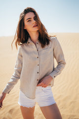 Natural button down long sleeve 100% linen shirt for women.