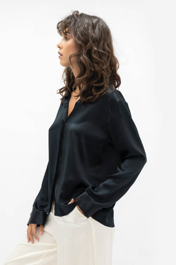 Kobe Shirt Silk Blouse in Black