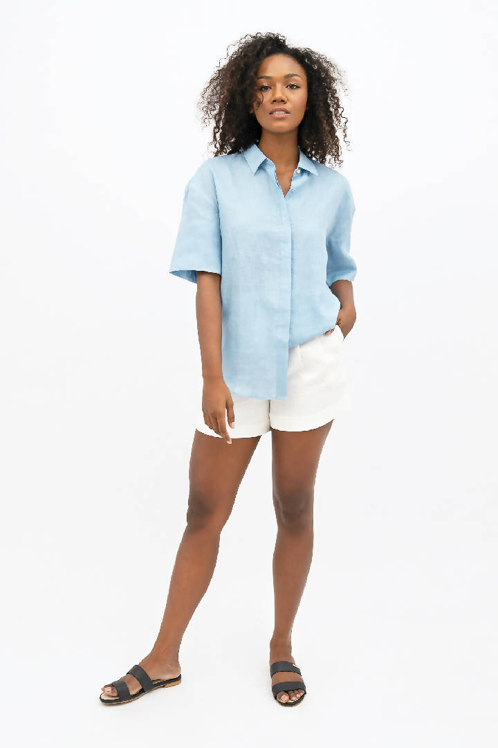 Seville Linen Short Sleeves Shirt in Sommerhus Blue